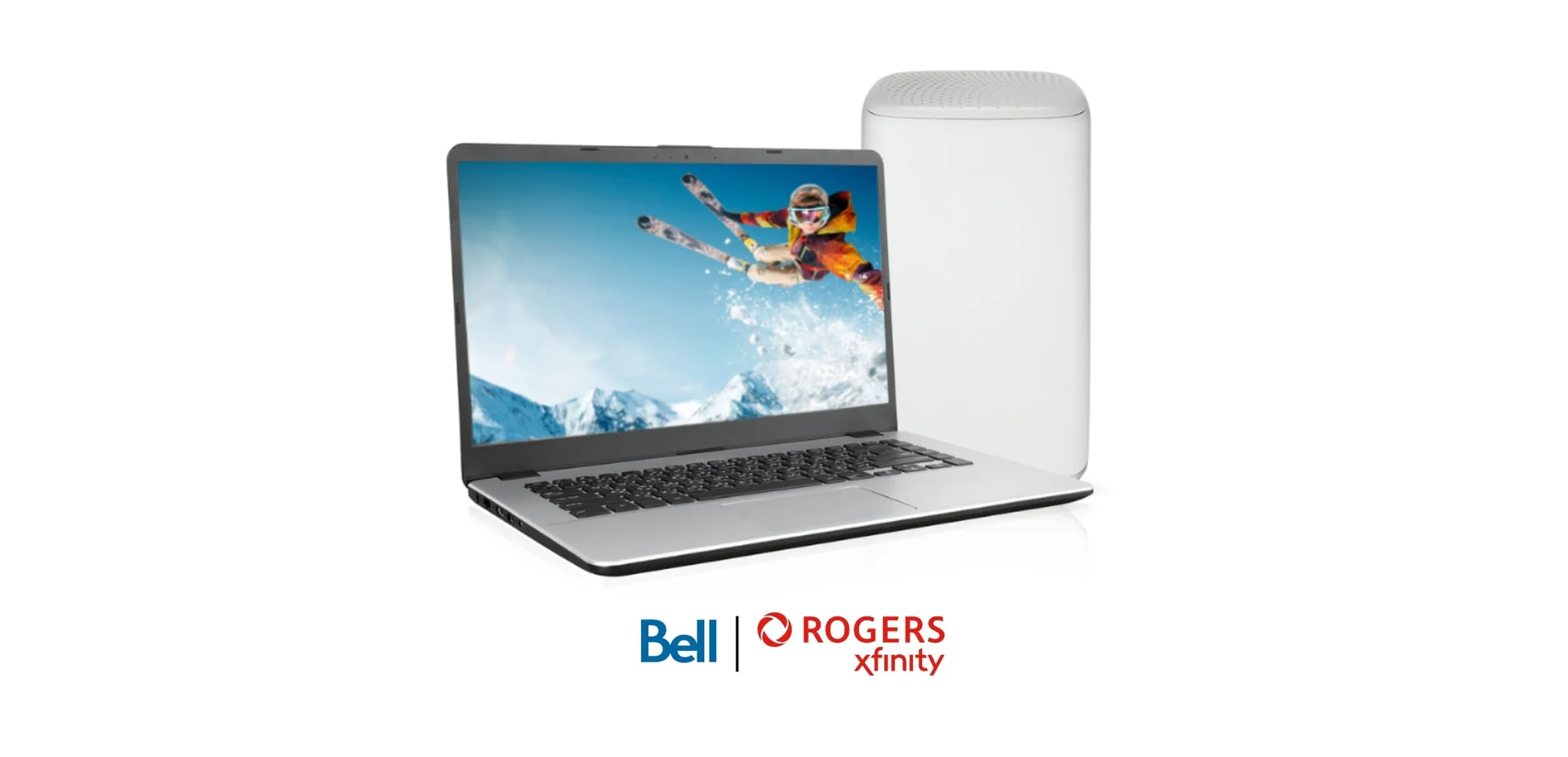 A laptop screen in front of an internet modem displays a skier doing a flip, beside an Olympic flame, above Rogers XFinity internet and Bell logo on a white background.